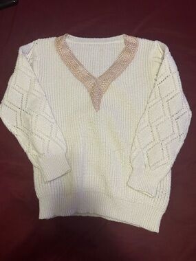 SHEIN Cream V-Neck Knit Sweater with Gold Embellished Trim